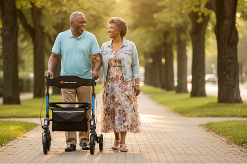 African American couple on sunny sidewalk – exact rollator