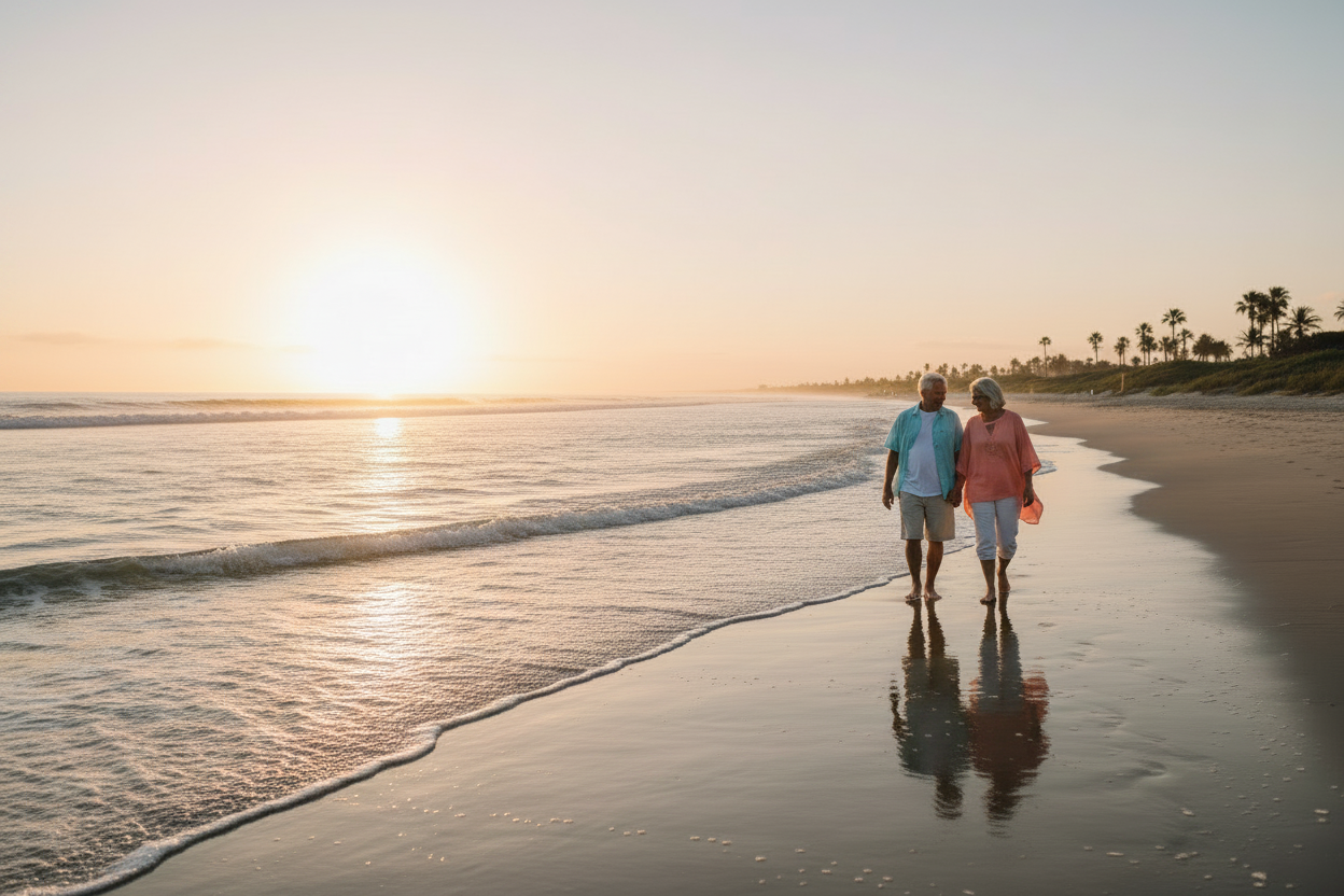 Calm Ocean Beach - Older Couple in Light Blue and Coral