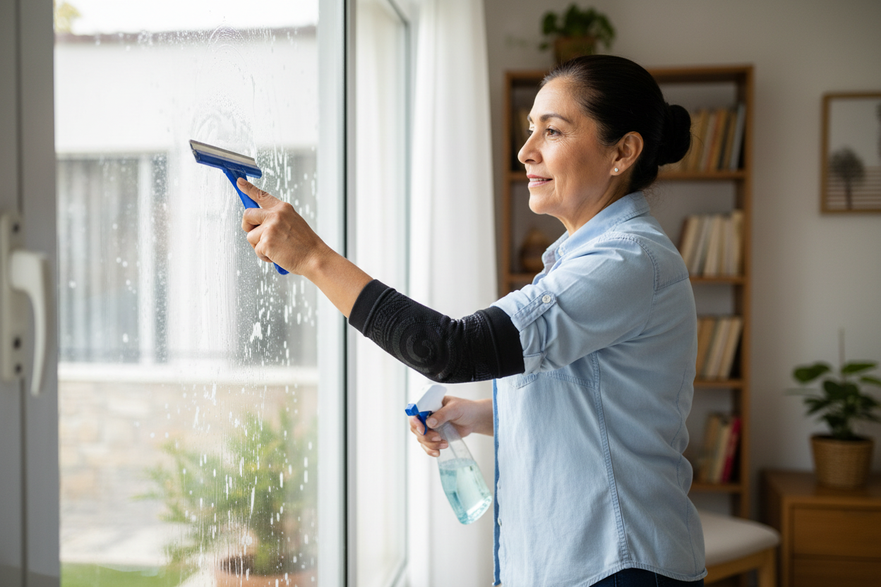 Mexican older woman washing windows – elbow brace
