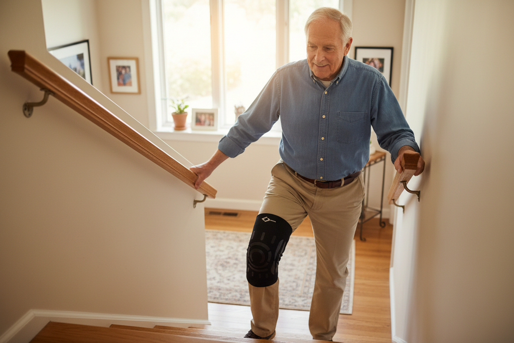 Older man climbing stairs – knee brace