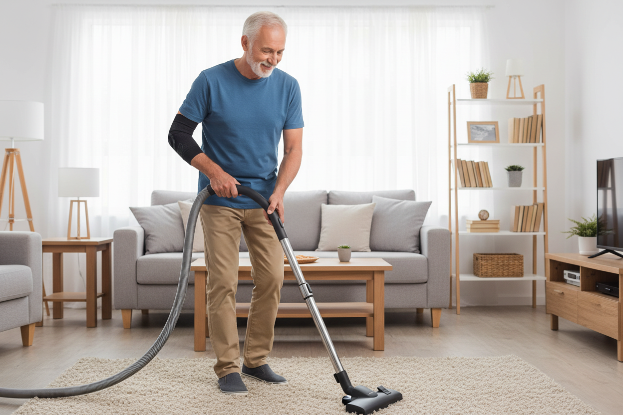 Older man vacuuming – elbow brace
