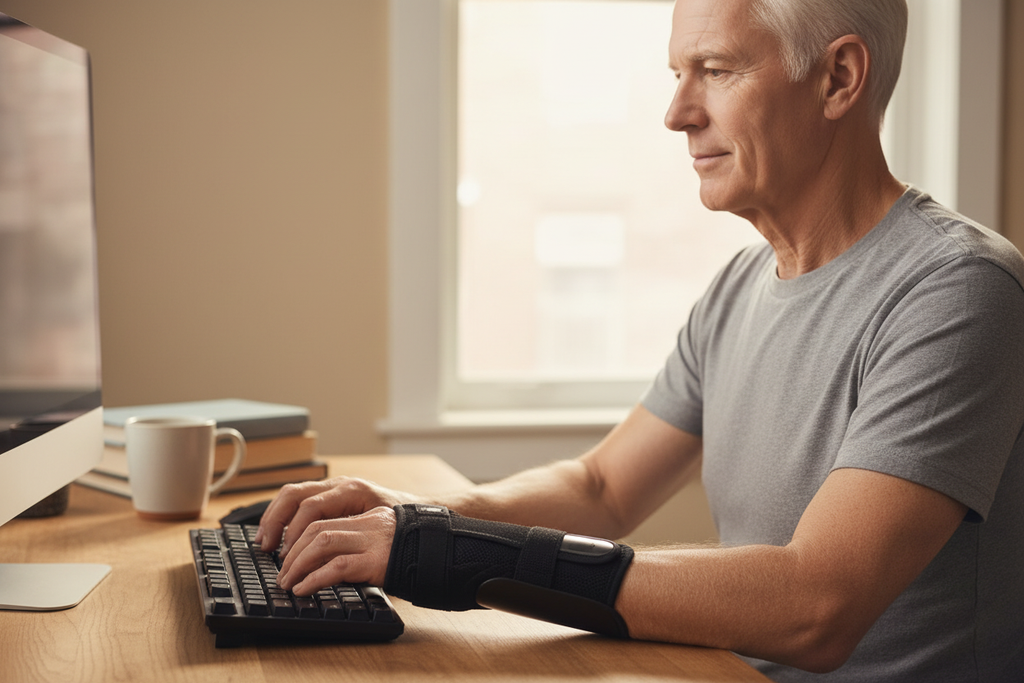 Older white-haired man at computer – wrist brace