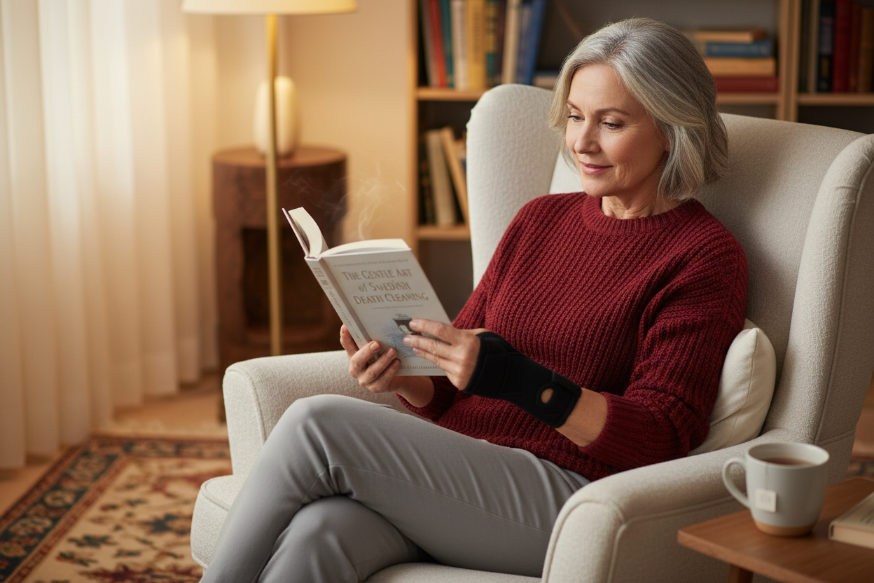 Older woman reading – short brace