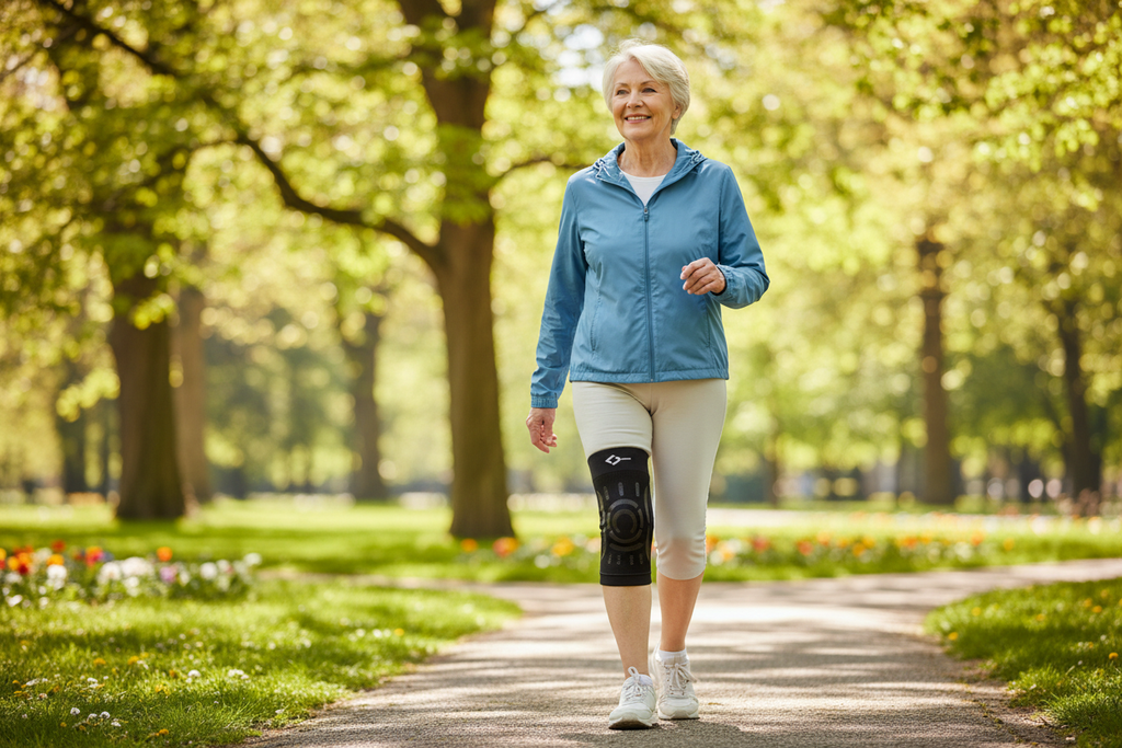 Older woman walking in park – knee brace