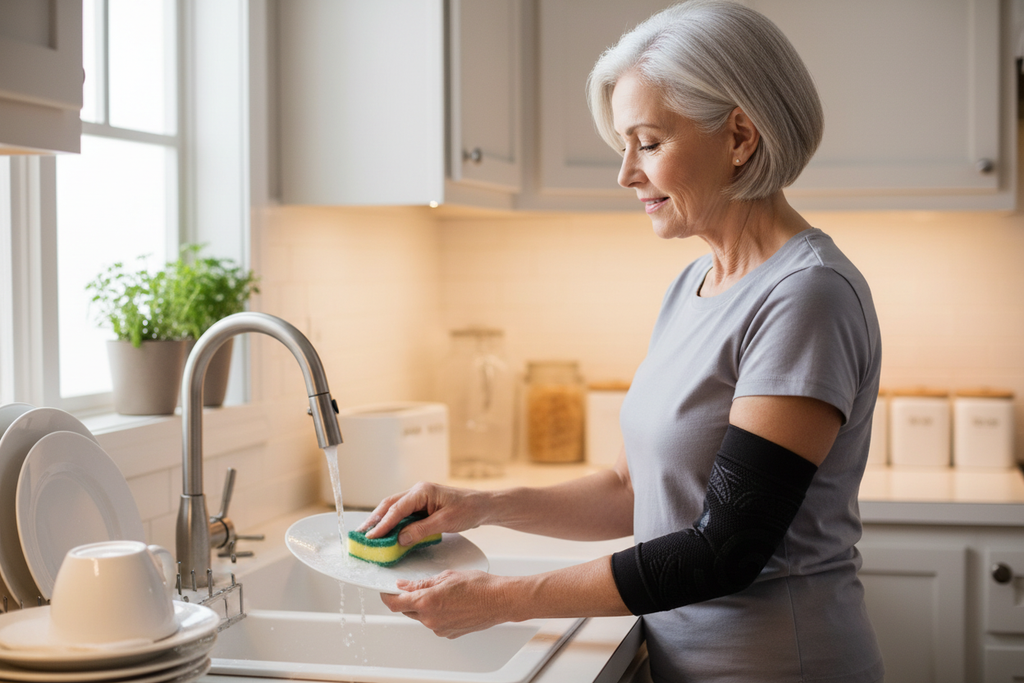 Older woman washing dishes – elbow brace